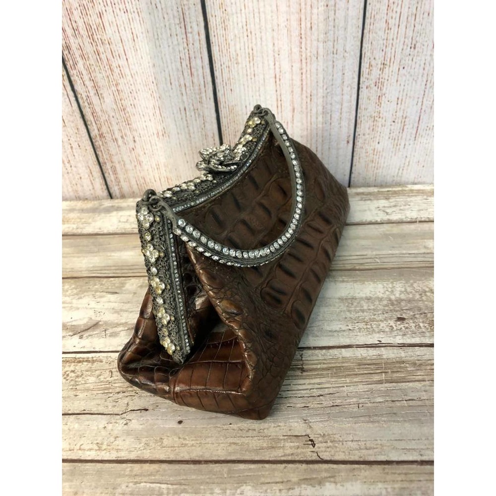 Besso Brown Croc Leather Handbag Evening Purse - Picture 4 of 12